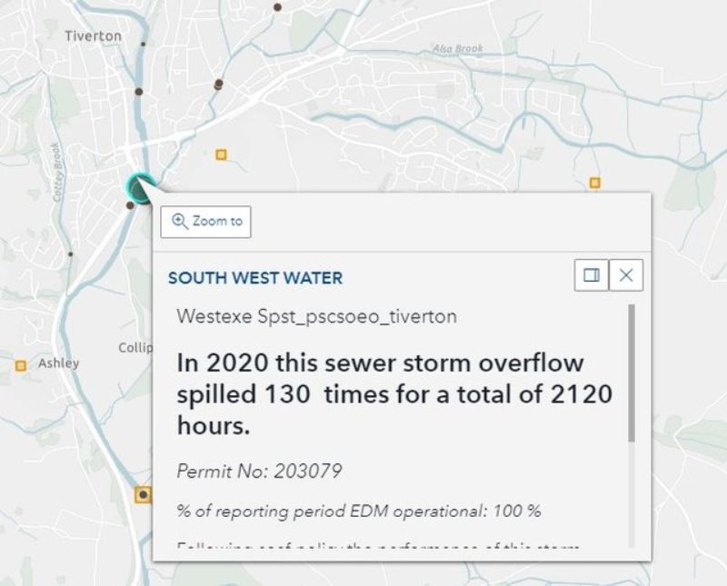 Sewer overspill data for Tiverton